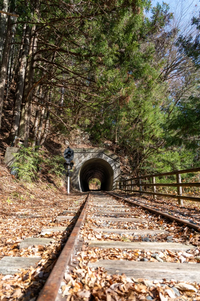 廃線小路(はいせんこみち)」として整備された遊歩道。苔むしたレールとトンネルがノスタルジック。